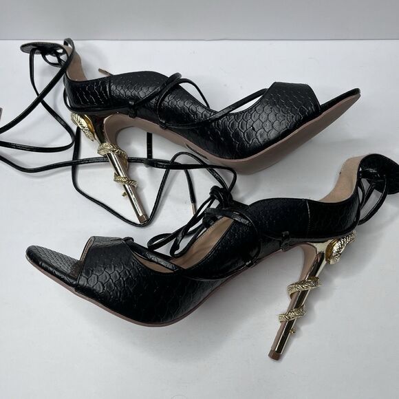 Shoedazzle BEANEE Black Faux Snake Skin Gold Snake Heels Women’s Size 12 FLAW - Picture 7 of 14